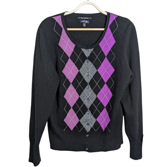 Apt. 9 Cashmere Argyle Button Cardigan Purple Black Gray XL Y2K Academia Preppy - Picture 1 of 8